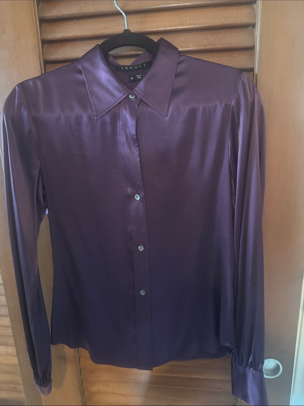 Theory Satin Button-Down Shirt in Deep Plum